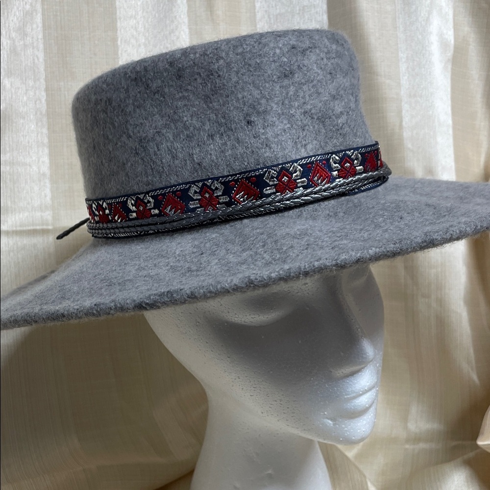 World Market Gray 100% Wool Wide-Brim Hat with Red and Navy Trim